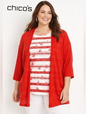 NWOT Chico’s Red Nautical Sailboat Stripe 2-Piece Cardigan Top Set Size 4 XXL